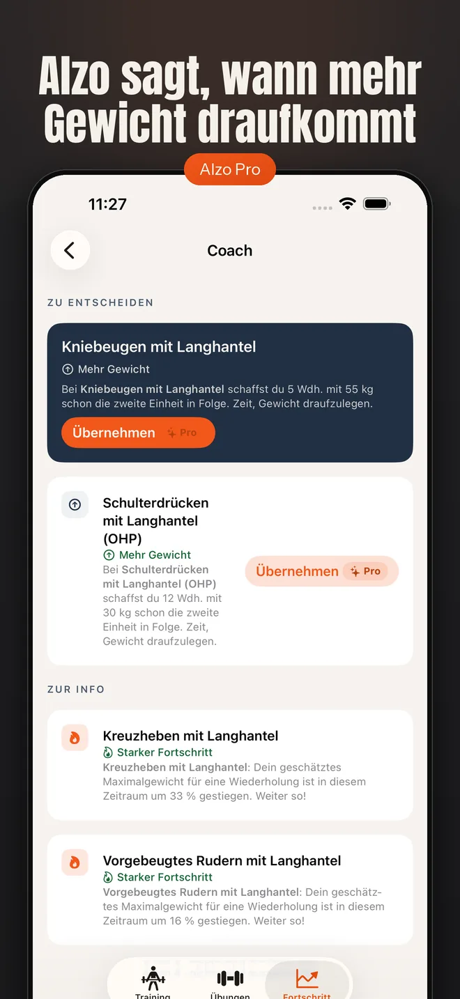 Alzo auf dem iPhone — Screenshot: Alzo sagt, wann mehr Gewicht draufkommt