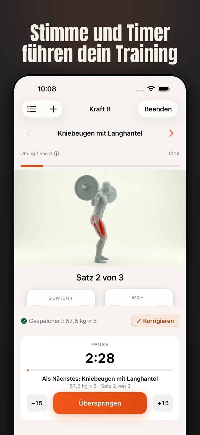 Alzo auf dem iPhone — Screenshot: Stimme und Timer führen dein Training