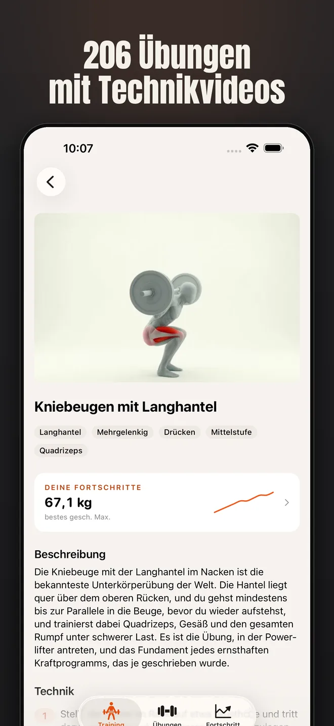 Alzo auf dem iPhone — Screenshot: 206 Übungen mit Technikvideos