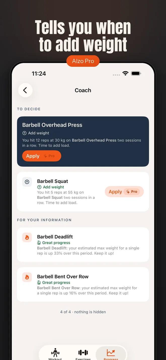 Alzo on iPhone — app screenshot: Tells you when to add weight