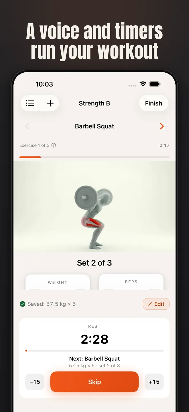 Alzo on iPhone — app screenshot: A voice and timers run your workout