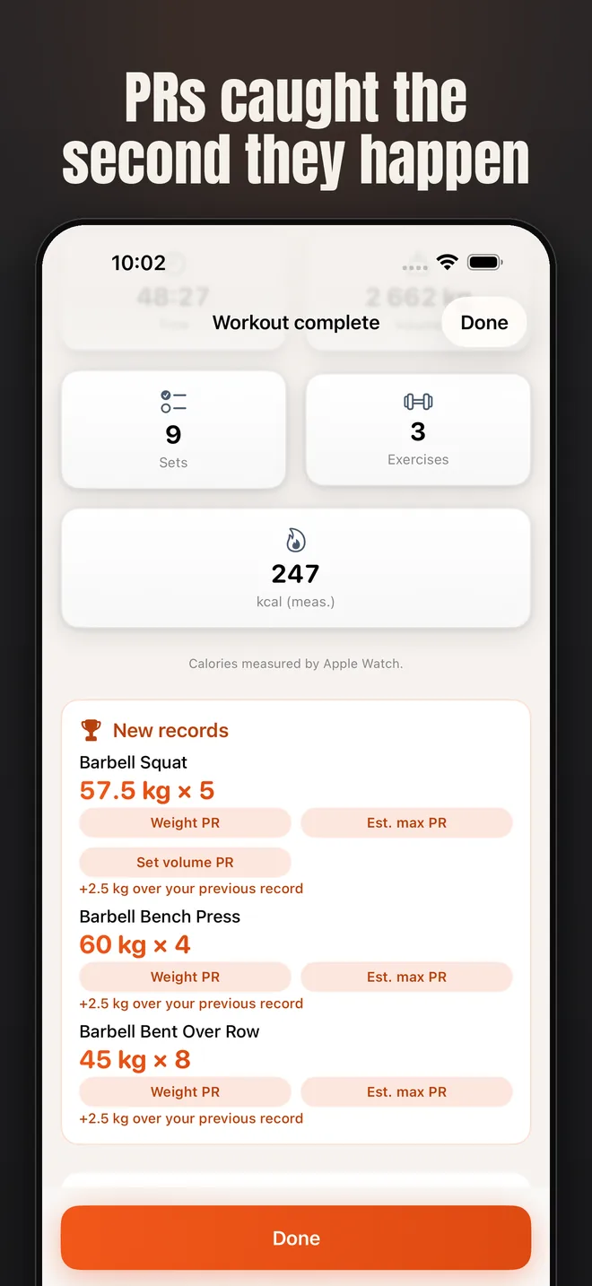 Alzo on iPhone — app screenshot: PRs caught the second they happen