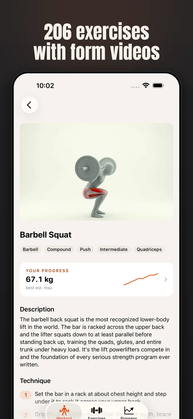 Alzo on iPhone — app screenshot: 206 exercises with form videos