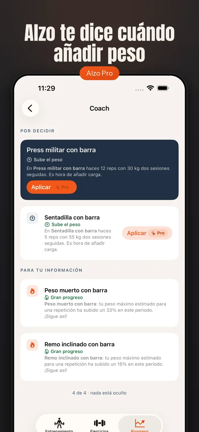 Alzo en iPhone — captura de pantalla: Alzo te dice cuándo añadir peso