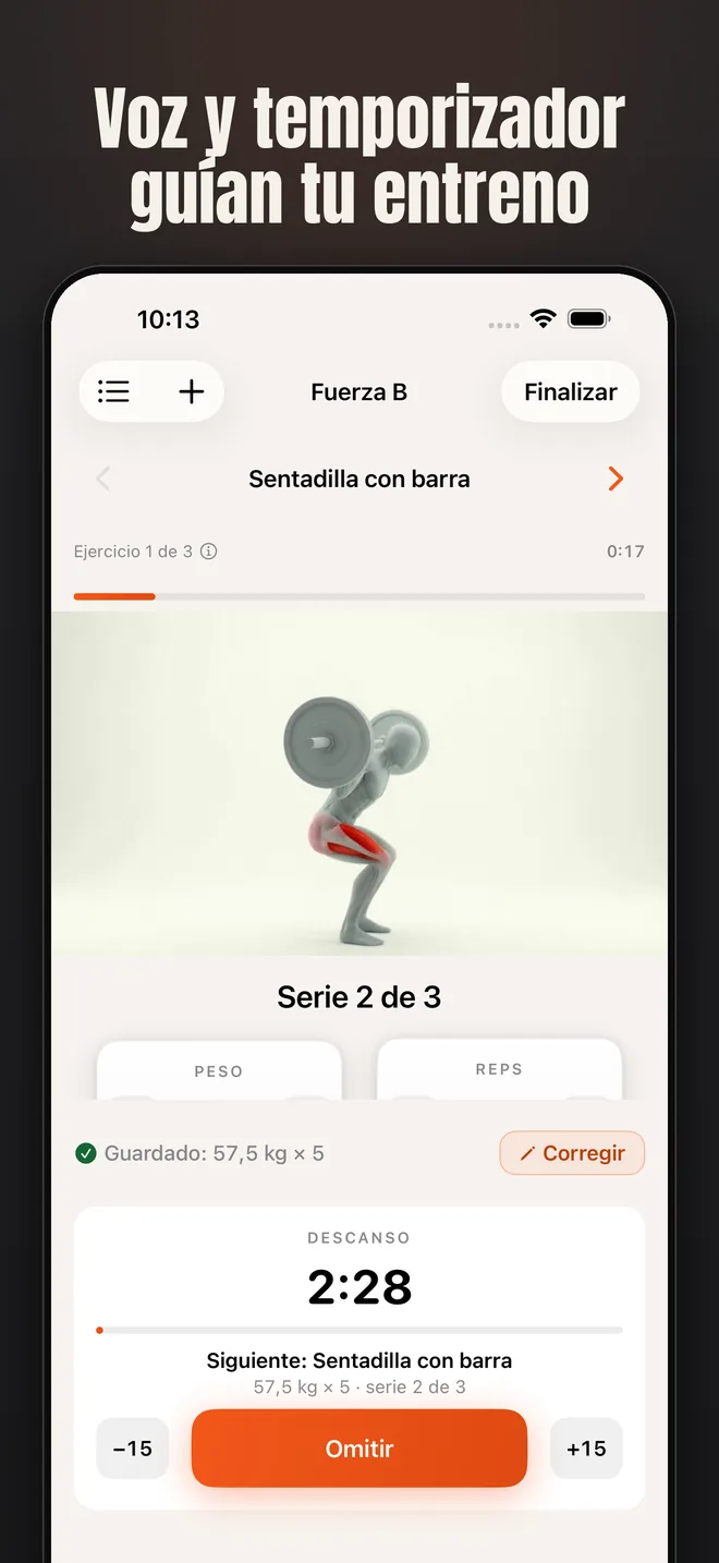 Alzo en iPhone — captura de pantalla: Voz y temporizador guían tu entreno