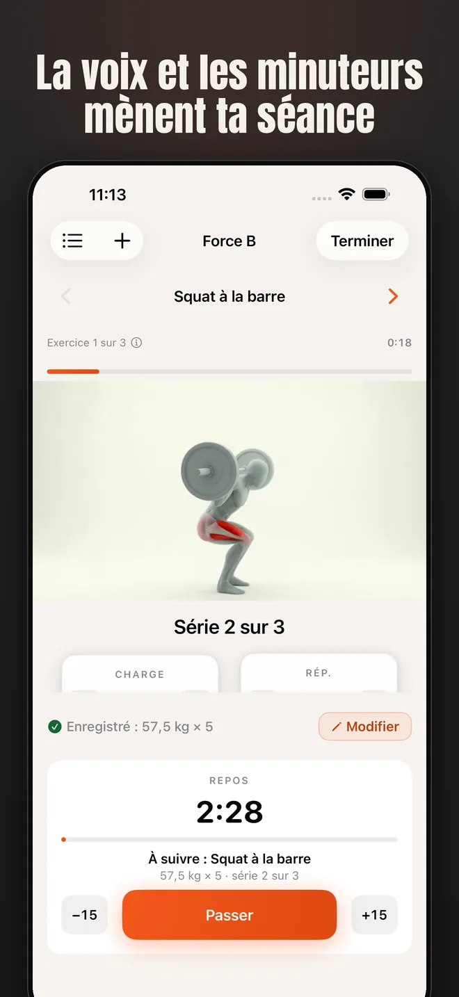 Alzo sur iPhone — capture d’écran : La voix et les minuteurs mènent ta séance