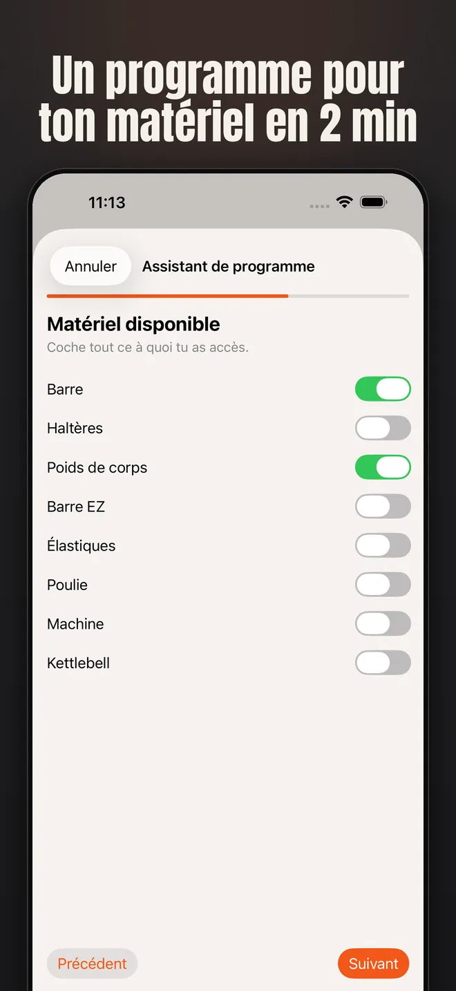 Alzo sur iPhone — capture d’écran : Un programme pour ton matériel en 2 min