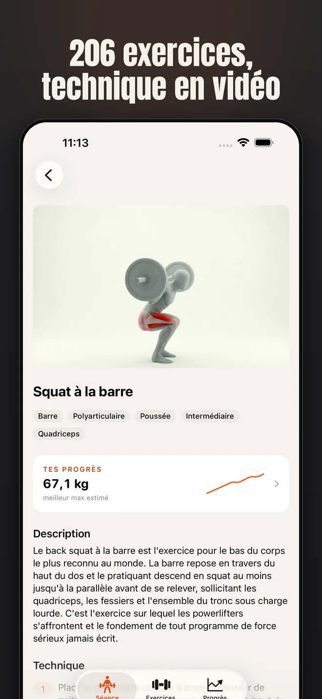 Alzo sur iPhone — capture d’écran : 206 exercices, technique en vidéo