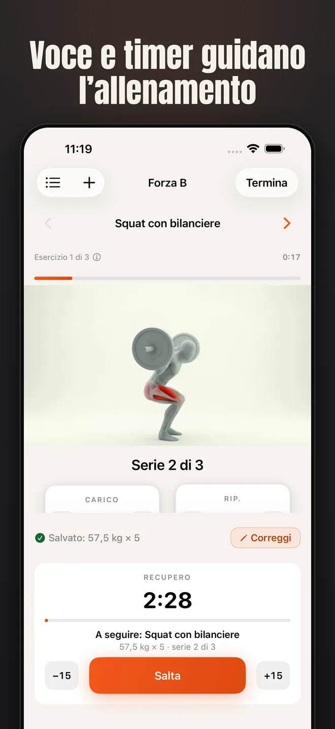 Alzo su iPhone — schermata: Voce e timer guidano l’allenamento
