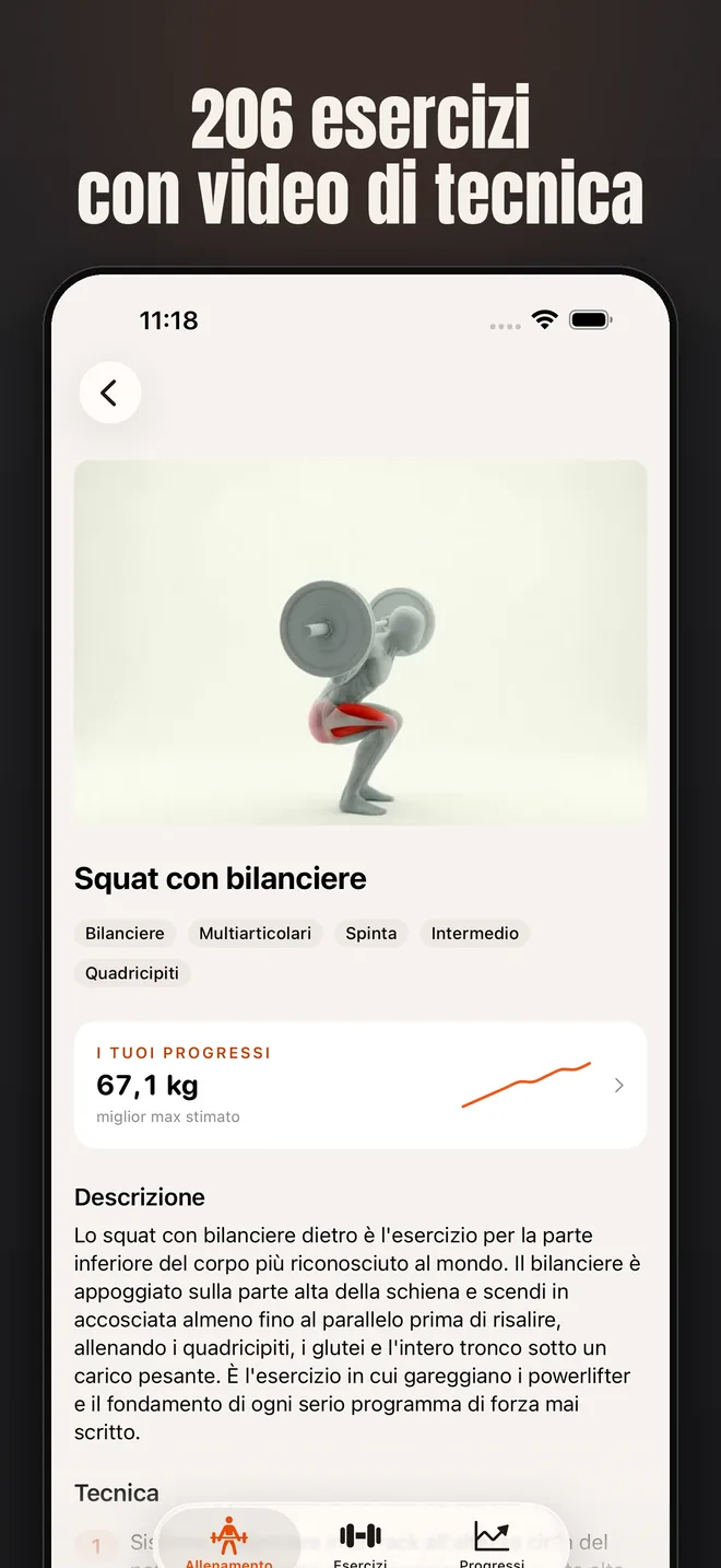 Alzo su iPhone — schermata: 206 esercizi con video di tecnica