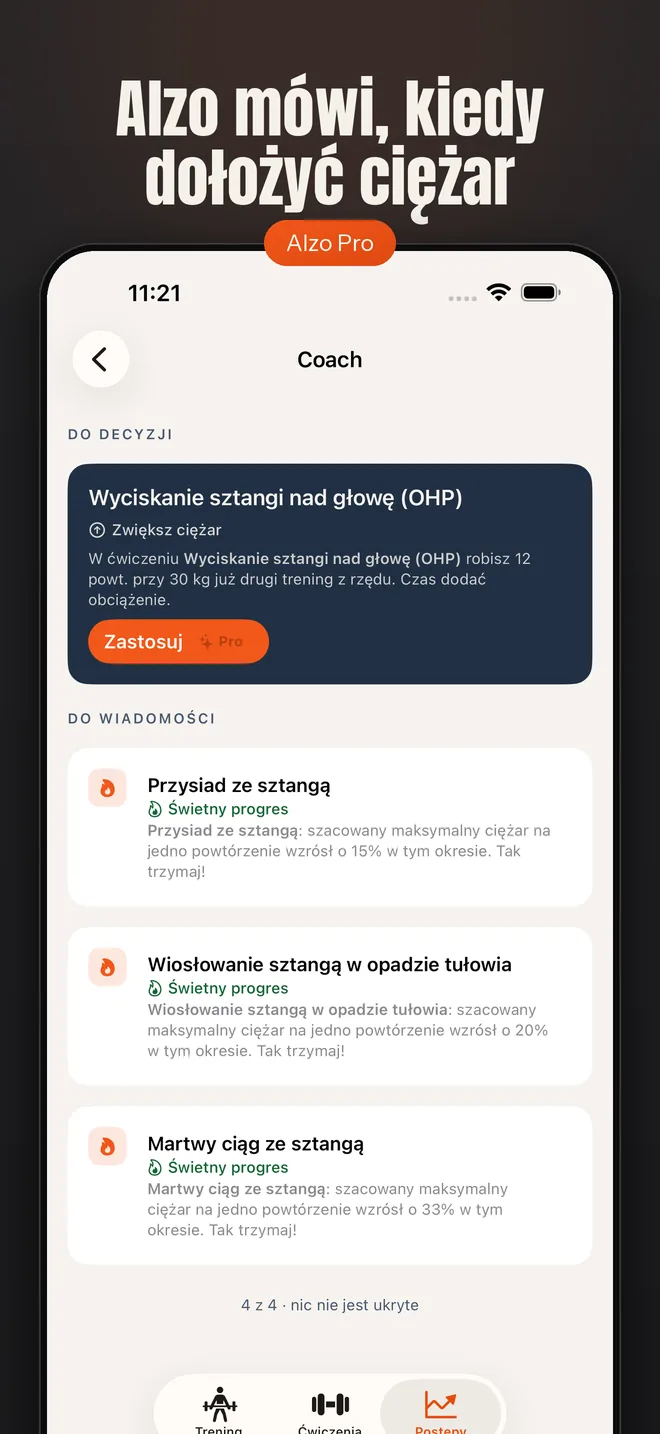 Alzo na iPhonie — zrzut ekranu: Alzo mówi, kiedy dołożyć ciężar