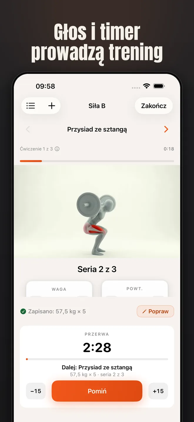 Alzo na iPhonie — zrzut ekranu: Głos i timer prowadzą trening