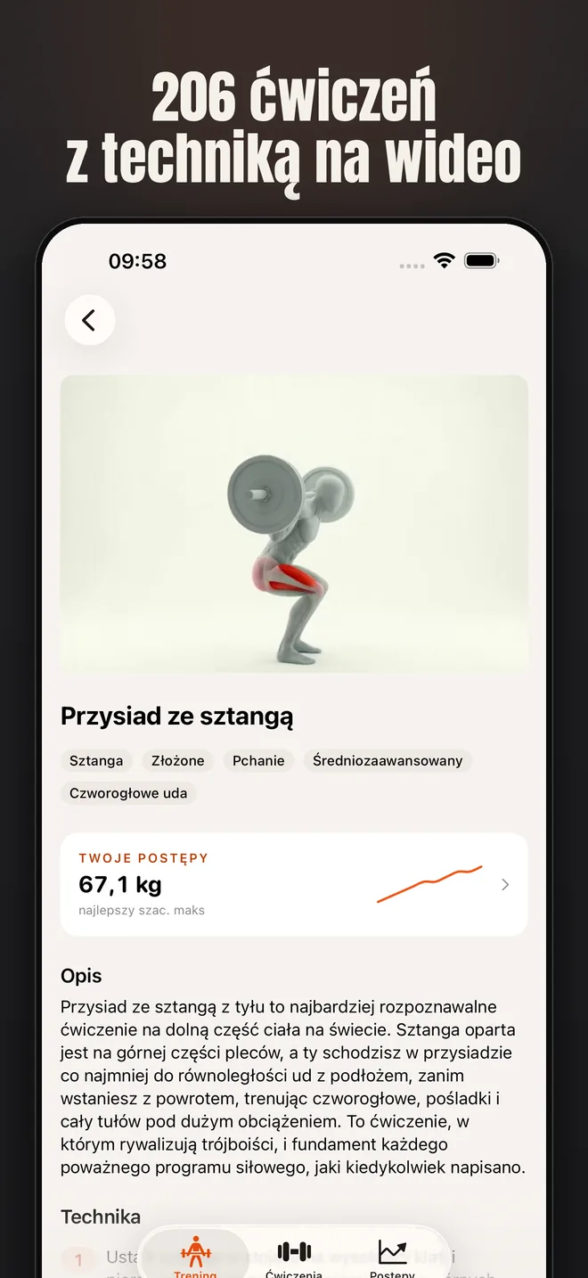Alzo na iPhonie — zrzut ekranu: 206 ćwiczeń z techniką na wideo
