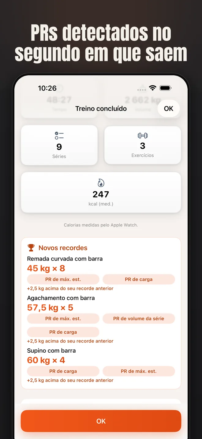 Alzo no iPhone — captura de tela: PRs detectados no segundo em que saem