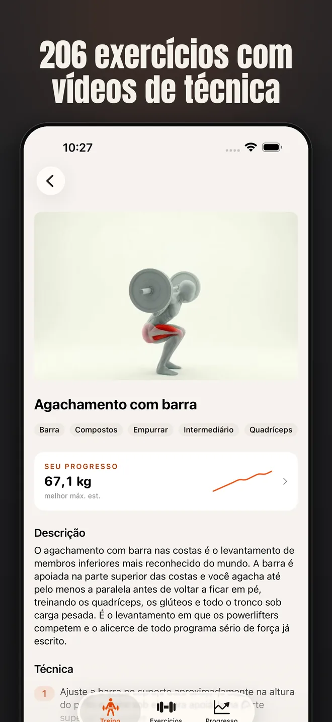 Alzo no iPhone — captura de tela: 206 exercícios com vídeos de técnica