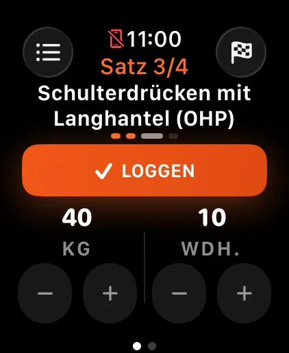 Alzo auf der Apple Watch: Satz 2 von 3, Gewicht und Wiederholungen bereit zum Abhaken