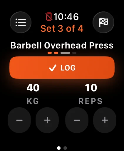 Alzo on Apple Watch: set 2 of 3, weight and reps ready to log
