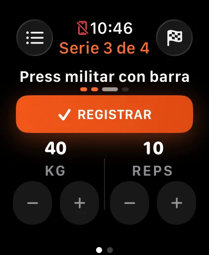 Alzo en Apple Watch: serie 2 de 3, peso y repeticiones listos para marcar