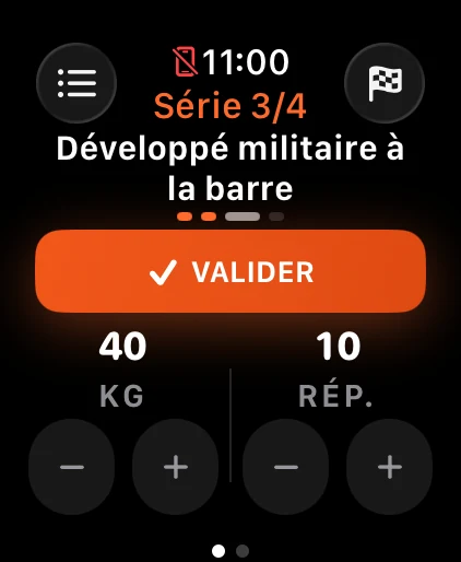 Alzo sur Apple Watch : série 2 sur 3, charge et répétitions prêtes à valider